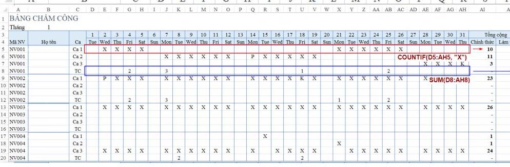 Cách tính công bảng chấm công tăng ca trên Excel