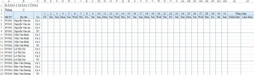 mẫu bảng chấm công theo ca trên Excel